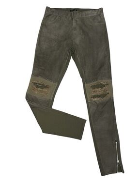 NEW AS by DF Destroyed Suede Leather & Ponte Leggings, Olive Green Desert Taupe